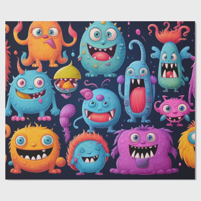 Glückliche Gruppe farbenfroher Monster auf schwarz Geschenkpapier (Flach)