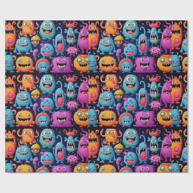 Glückliche Gruppe farbenfroher Monster auf schwarz Geschenkpapier (Flach)