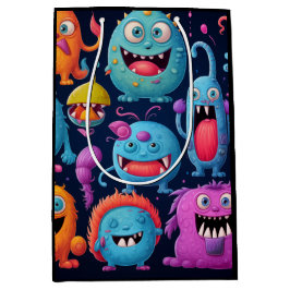 Glückliche Gruppe farbenfroher Monster auf schwarz Mittlere Geschenktüte