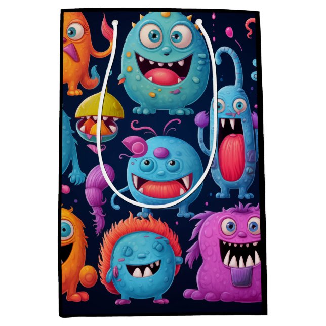 Glückliche Gruppe farbenfroher Monster auf schwarz Mittlere Geschenktüte (Vorderseite)