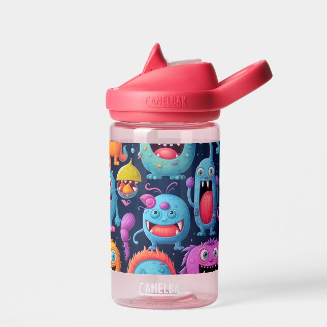 Glückliche Gruppe farbenfroher Monster auf schwarz Trinkflasche (Links)