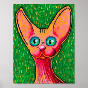 Glückliche haarlose Katze in Ölkreide auf Grün Poster