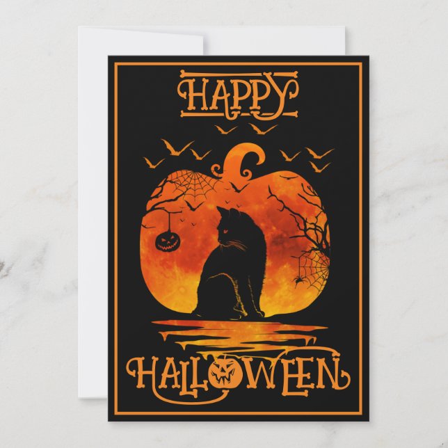 Glückliche Halloween Black Cat Spider Bats Einladung (Vorderseite)