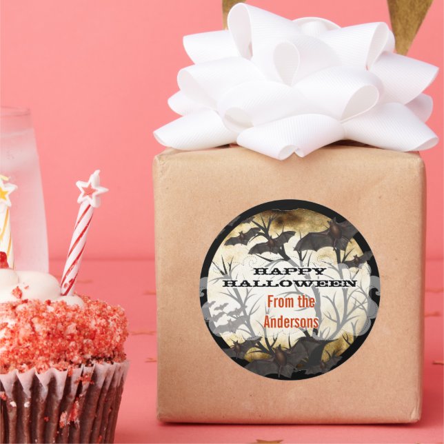 Glückliche Halloween-Fledermäuse und Bäume-Burnt-P Runder Aufkleber (Party)