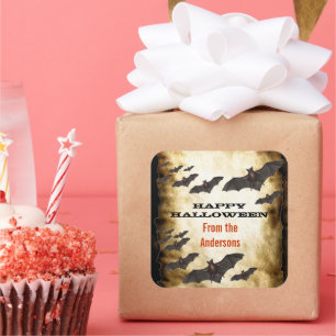 Glückliche Halloween-Fledermäuse und Burnt-Parchme Quadratischer Aufkleber