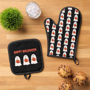 Glückliche Halloween-Geister mit Jack-o-Lanterns Ofenhandschuh & Topflappen-Set