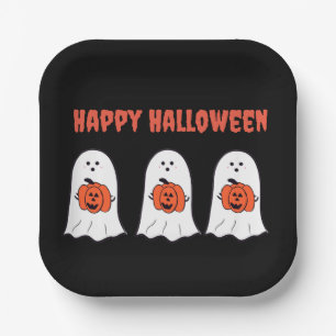 Glückliche Halloween-Geister mit Jack-o-Lanterns Pappteller