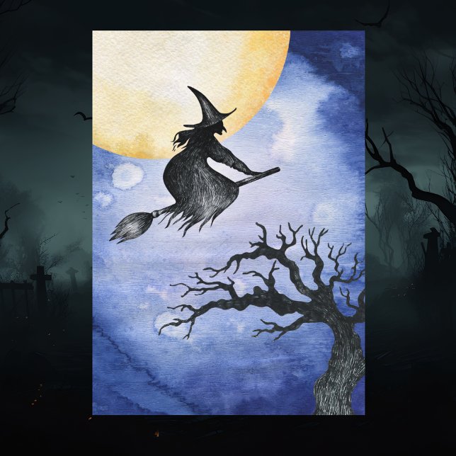 Glückliche Halloween-Gruß-Fliegen-Hexe Karte (Happy Halloween Flying Witch Spooky Greeting Card)
