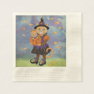 Glückliche Halloween-Hexe-Katze und Serviette