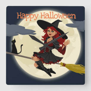 Glückliche Halloween-Hexe-Wanduhr Quadratische Wanduhr