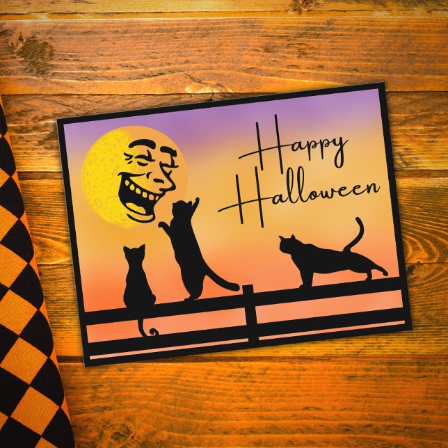 Glückliche Halloween Katzen und lachende Mond Post Postkarte (Von Creator hochgeladen)