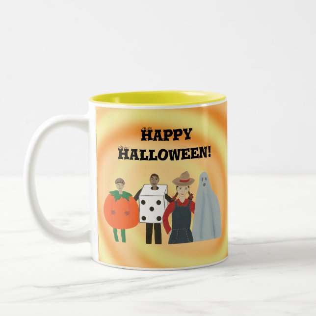 Glückliche Halloween-Kinder in Kostümen, Tasse (Links)