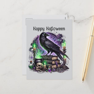 Glückliche Halloween-Krähen-Zauberbücher Feiertagspostkarte