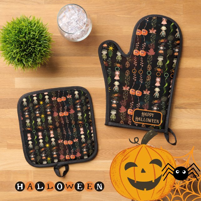 Glückliche Halloween-Monster Ofenhandschuh & Topflappen-Set ( Happy Halloween Monsters Oven Mitt & Pot Holder Set )