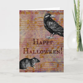 Glückliche Halloweenmaus und -krähe Karte