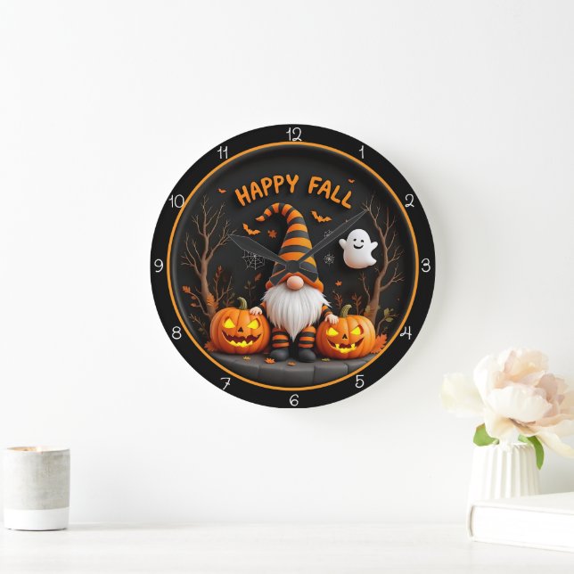 Glückliche Herbst-Gnom-Geist-Herbstszene Große Wanduhr (Zuhause)