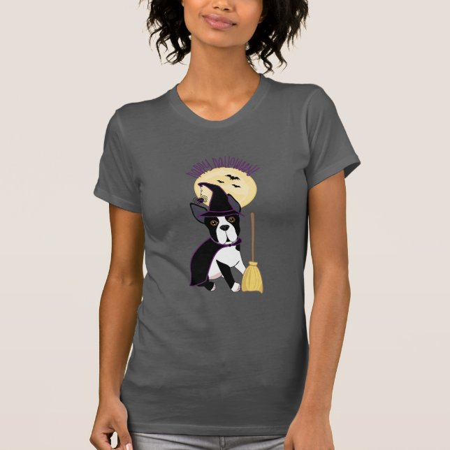 Glückliche Hexe Halloweens Boston Terrier T-Shirt (Vorderseite)