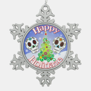 Glückliche Holidaze Zuckerschädel-Verzierung Schneeflocken Zinn-Ornament