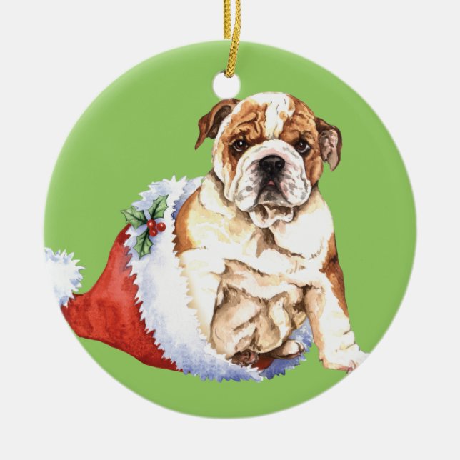 Glückliche Howliday Bulldogge Keramik Ornament (Vorne)