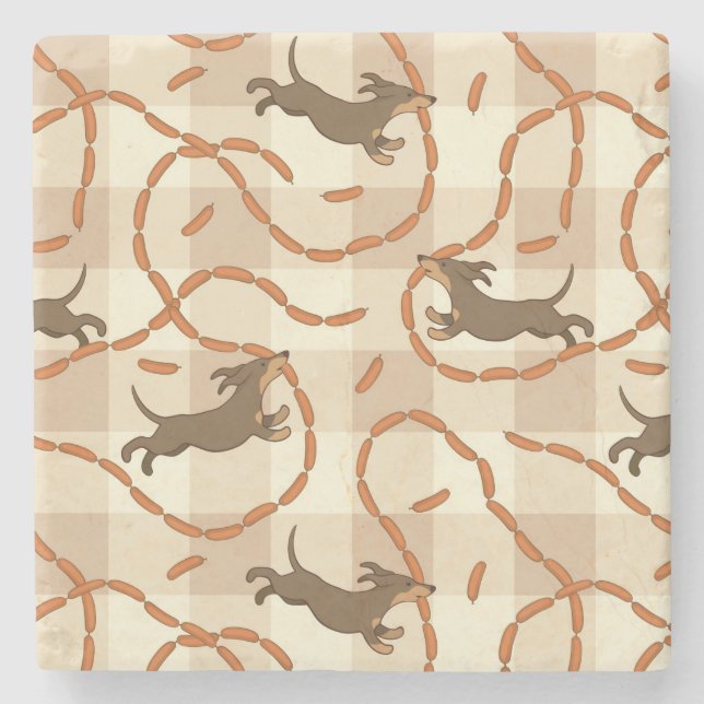 glückliche Hunde mit Wursthintergrund Steinuntersetzer (Vorderseite)