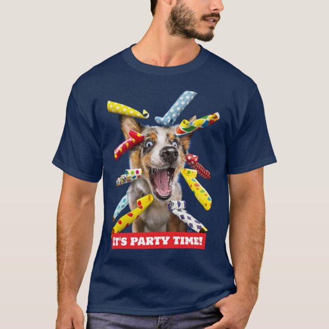 Glückliche Hundeparty-Tröten T-Shirt (Vorderseite)