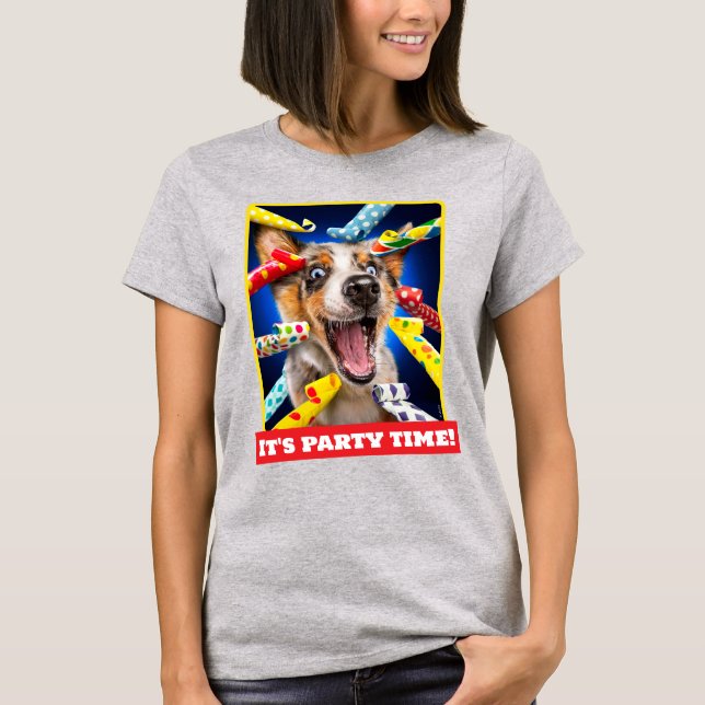Glückliche Hundeparty-Tröten T-Shirt (Vorderseite)