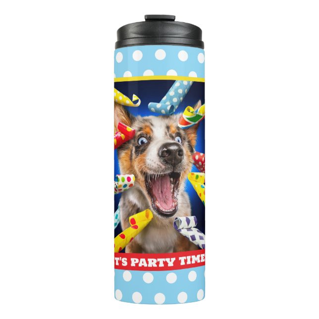 Glückliche Hundeparty-Tutgeräusche Thermosbecher (Vorderseite)