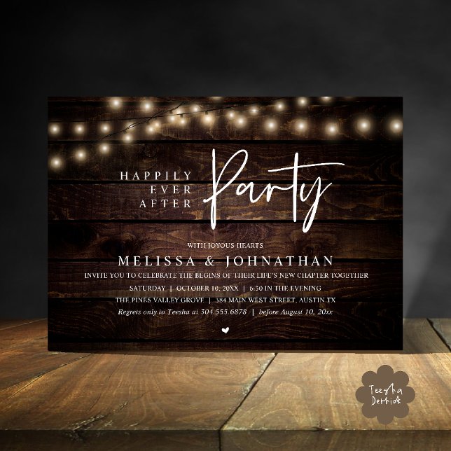 Glückliche Immer Nach Her Party, Rustikale Lichter Einladung (Happily Ever After Party, Rustic Wedding String Lights Invitation card, Reception Brown Wood)