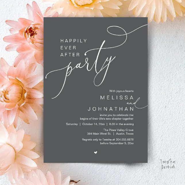 Glückliche Immer-Nach-Herzen-Partei, Romantisches  Einladung (Happily Ever After Party, Romantic Wedding Reception Dinner Invitation Card in Dark Grey)