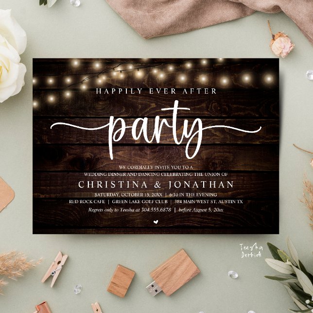 Glückliche Immer Nach Hochzeitsfeier, Rustikale Ho Einladung (Happily Ever After Party, Rustic Wedding Dinner Invitation Card,  cottage string lights, brown wood)