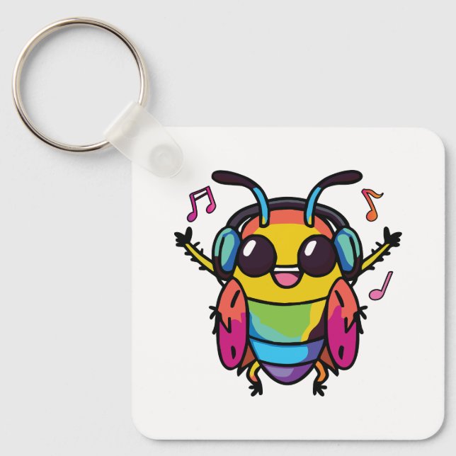 Glückliche Kakerlake mit Kopfhörern und Musik Schlüsselanhänger (Vorderseite)