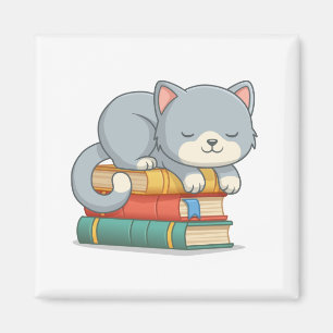 Glückliche Katze auf einem Bücherstapel Magnet