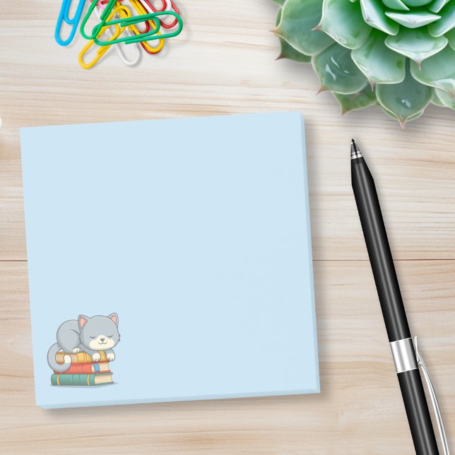Glückliche Katze auf einem Buchstapel Blau Post-it Klebezettel (Von Creator hochgeladen)