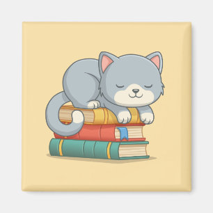 Glückliche Katze auf einem gelben Bücherstapel Magnet