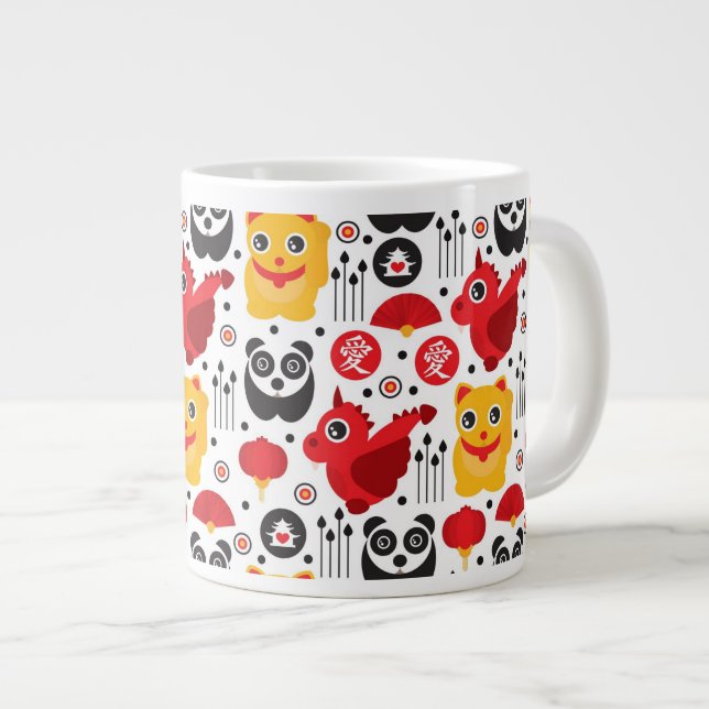 Glückliche Katze, Drache und Panda der China Jumbo-Tasse (Vorderseite Rechts)