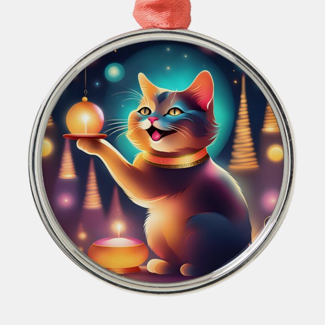 Glückliche Katze feiert Weihnachten, Ornament Aus Metall (Vorne)