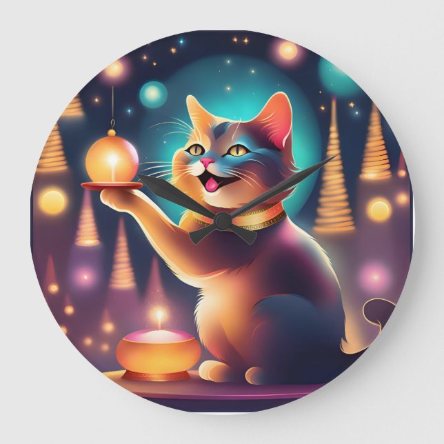 Glückliche Katze feiert Weihnachten, Wall Clock Große Wanduhr (Vorderseite)
