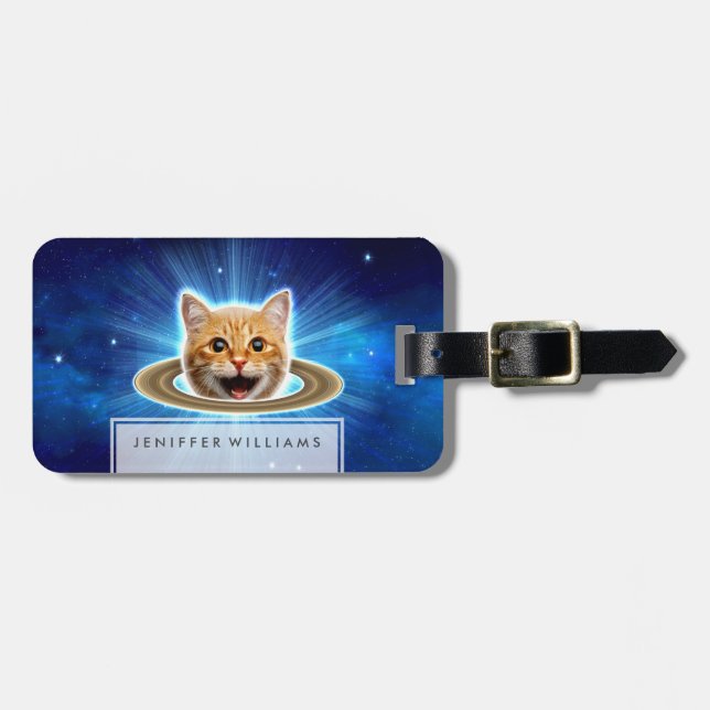 Glückliche Katze im Weltraum. Gepäckanhänger (Vorderseite horizontal)