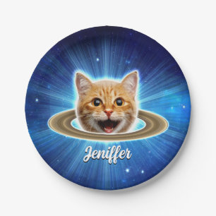 Glückliche Katze im Weltraum. Pappteller