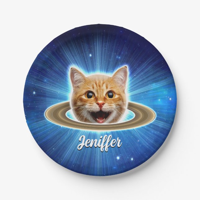 Glückliche Katze im Weltraum. Pappteller (Vorderseite)
