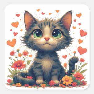 Glückliche Katze Mit Blumen Cartoon Spaß 🌸 Quadratischer Aufkleber