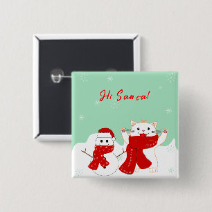 Glückliche Katze mit Schneemann   Süßer Weihnachts Button