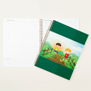 Glückliche Kinder spielen draußen Planer
