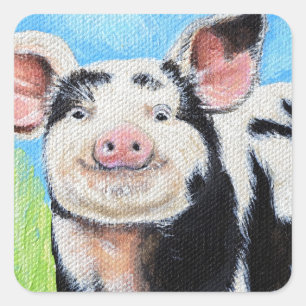 Glückliche kleine Schweinmalerei Quadratischer Aufkleber