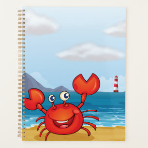 Glückliche Krabbe am Strand mit Leuchtturm Planer