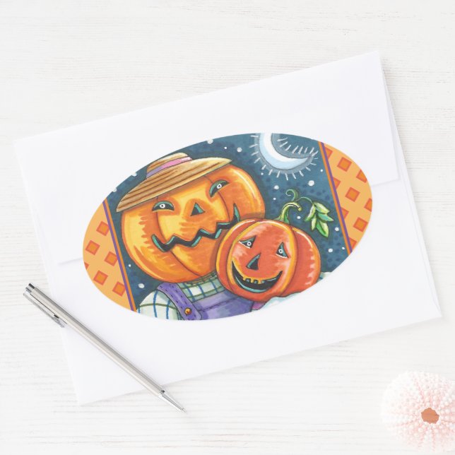 GLÜCKLICHE KÜRBISLATERNE FAMILIE, FARBBLOS UND NIE OVALER AUFKLEBER (Umschlag)