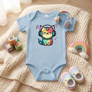 Glückliche lächelnde Kawaii-Cartoon-Katze mit Kopf Baby Strampler