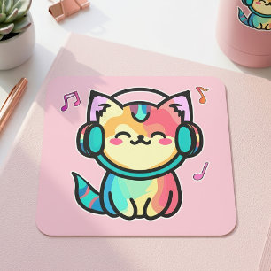 Glückliche lächelnde Kawaii-Cartoon-Katze mit Kopf Quadratischer Aufkleber
