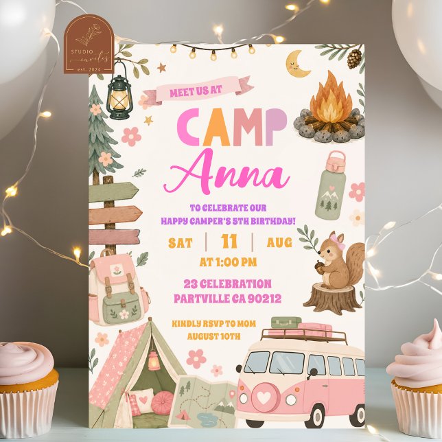 Glückliche Mädchen-Camping-Geburtstag Rosa Einladung (Von Creator hochgeladen)