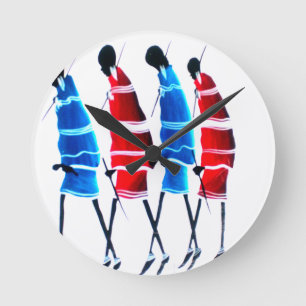 Glückliche Menschen Maasai-Krieger Walking Art Pri Runde Wanduhr